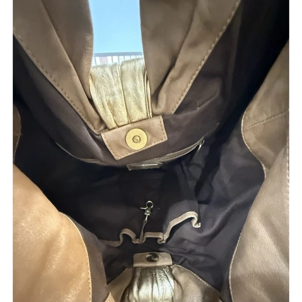 KOOBA Pleated Shoulder Leather Hobo Bag Purse Gold Brown Slouchy Boho - Picture 5 of 16